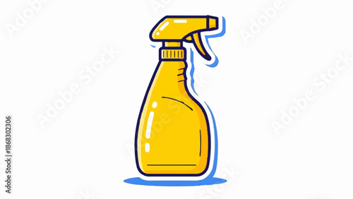 Bright yellow spray bottle with blue outline and shadow, isolated on white