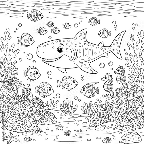 Under the Sea Fish and Shark Coloring Page for Kids