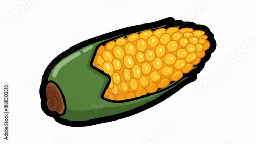 Bright yellow corn cob with green husk, presented as a stylized illustration