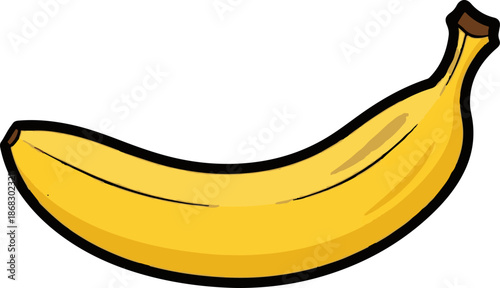 Bright yellow, curved fruit with a dark stem and tip, outlined in black