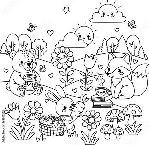 Cute Forest Animals Picnic Coloring Page for Kids