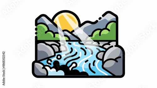 Bright sunbeams illuminate a flowing river surrounded by mountains and lush green hills