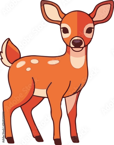 Cartoon fawn with light orange fur and white spots stands on four legs