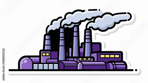 Cartoon factory with tall smokestacks emitting grey clouds and purple buildings