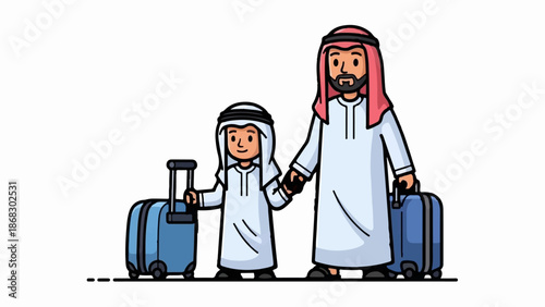 Cartoon father and son in traditional clothing holding hands, ready for travel with luggage
