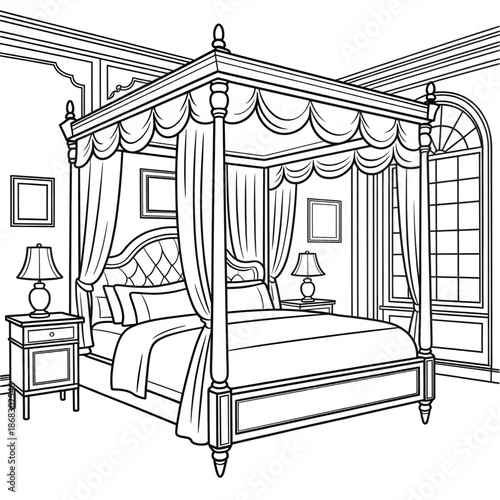 Elegant Classic Four Poster Canopy Bed Illustration – Luxury Bedroom Furniture Design coloring page 