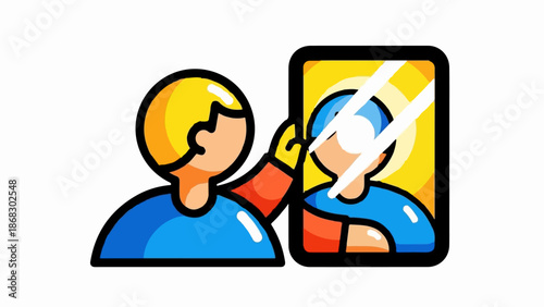 Cartoon figure in blue shirt with orange sleeves looks in yellow and blue mirrored rectangle