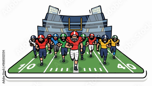 Cartoon illustration of football players running onto a field with stadium lights and goalposts in background