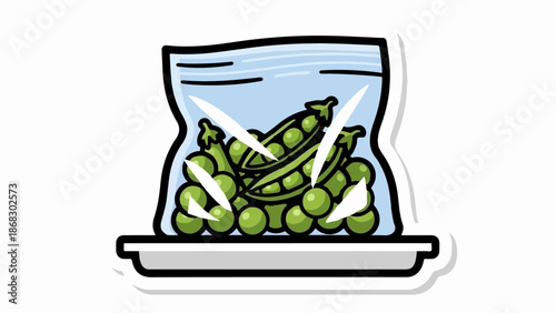Cartoon illustration of fresh green peas in a clear plastic bag, resting on a tray