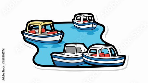 Cartoon illustration of four small boats floating on blue water