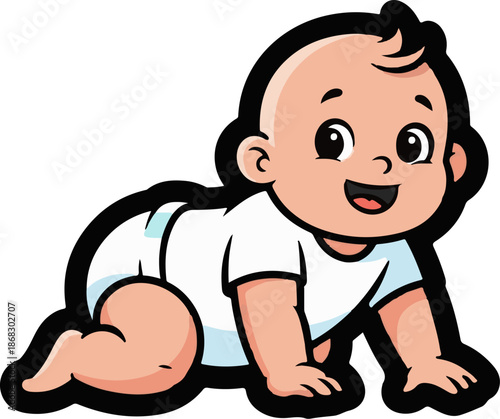 Cartoon baby on all fours, wearing a white shirt and diaper, with black hair