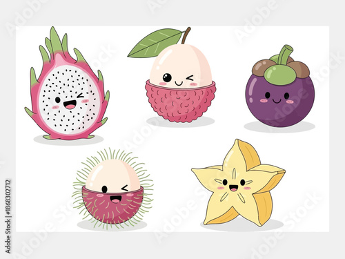 Adorable cartoon illustration collection featuring five happy exotic tropical fruits with kawaii expressive faces ready for fun.
