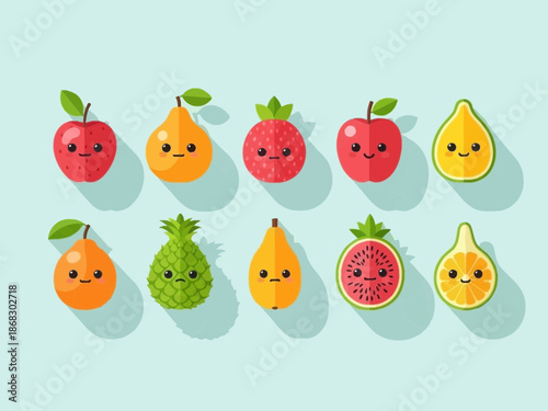 Adorable flat design cartoon fruit characters collection including happy apples pears strawberries pineapple watermelon and citrus slices arranged neatly