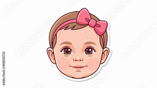 Cartoon baby girl face with pink bow