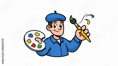 Cartoon artist with beret, palette, and brush creating art