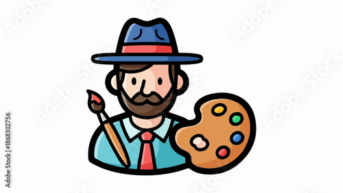 Cartoon artist with fedora hat holding paintbrush and color palette