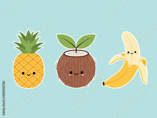 Adorable kawaii tropical fruit characters featuring a happy pineapple coconut and peeled banana illustration set against a soft blue background