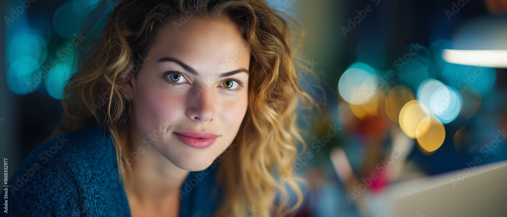 Fototapeta premium Woman with curly hair against a bokeh background. Portrait of a woman with curly hair set against a blurred bokeh background. Suitable for beauty, lifestyle, and fashion designs.
