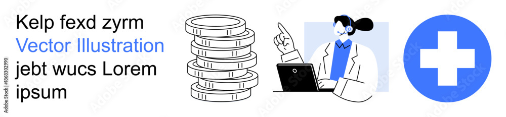 Fototapeta premium Healthcare, financial planning, medicine, digital tools, technology integration, economics. A doctor with a laptop, coin stacks and a healthcare symbol. Healthcare and financial planning ideas