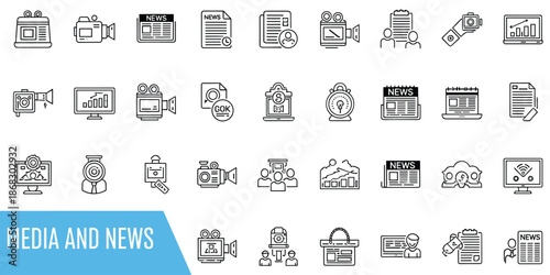 Media and News Icons Set Camera Newspaper Monitor Microphone and Calendar collection