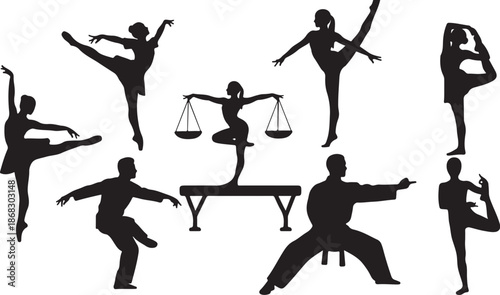 Silhouettes of dancers and a justice scale graphic