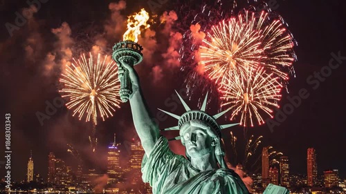 Fireworks display over statue of liberty celebrating independence day