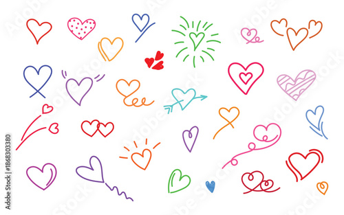 colorful hand drawn heart doodles on white background set, playful love heart doodle icons colorful sketch collection, cute romantic heart vector colorful line art set