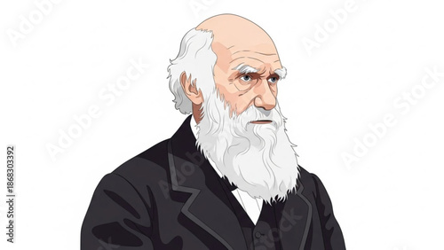 Charles Darwin portrait illustration of the famous scientist with white beard and suit representing evolution and natural selection
