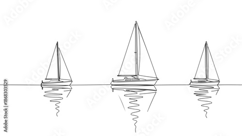 Continuous one line art vector illustration of three sailboats reflected in water, elegant minimalist design, drawing, graphic, design