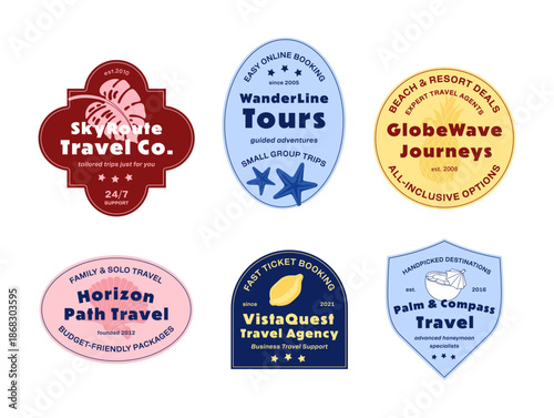 Travel agency logos featuring various travel services and activities from different companies aimed at travelers looking for adventures and deals