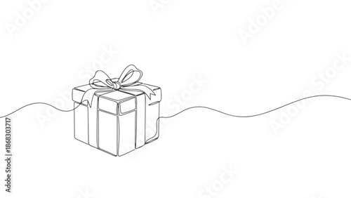 A minimalist one line continuous art vector illustration of a gift box with a ribbon, a simple and elegant design