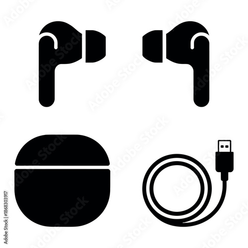Wireless earbuds and charging accessories Vector