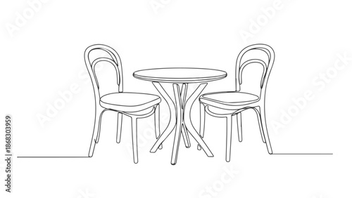 Minimalist continuous one line art vector illustration of two chairs and a table, perfect for cafe or restaurant decor