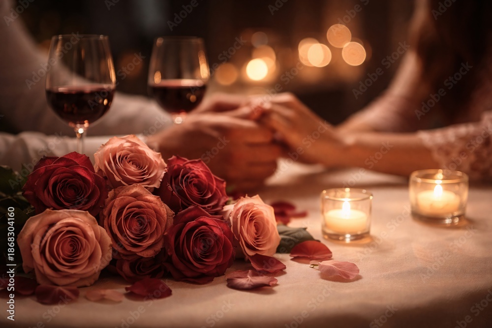 Obraz premium Romantic Candlelight Dinner with Roses and Wine, Intimate Valentine’s Day Love Scene for Couples, Elegant Wedding and Marriage Season Celebration Concept, Anniversary Romance, Fine Dining and Premium 