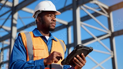 Construction Worker Using Tablet Digital Inspection Site Survey Blueprint Engineering Project Management Building Safety Infrastructure Technology Progress Report