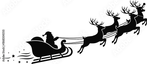 Santa claus rides his reindeer pulled sleigh across the night sky