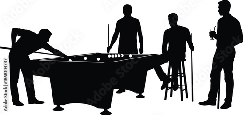 Silhouettes of men playing pool and socializing in a recreation room