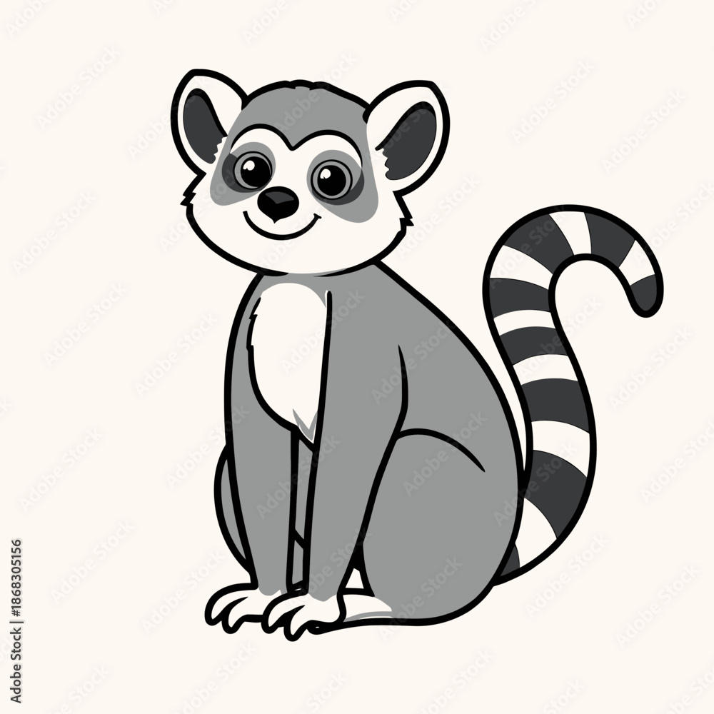 Fototapeta premium A cartoon lemur sitting with a smiling face and a striped tail in a simple illustration style