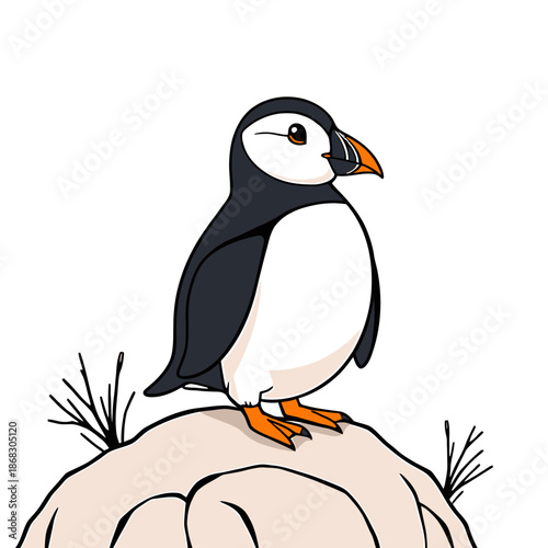 A cartoon penguin standing on a rocky outcrop surrounded by sparse vegetation