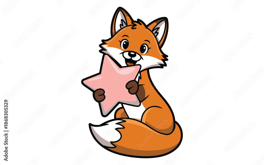 Fototapeta premium Playful Orange Cartoon Fox Holding a Pink Star Character Illustration for Children