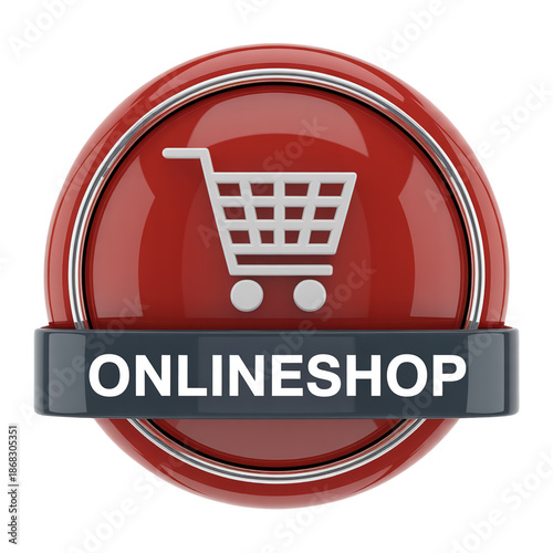 Red 3D Online Shop Button with Shopping Cart Icon and Bold Banner