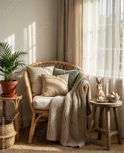 Cozy sunlit corner with wicker chair, plant, and table decor in natural light