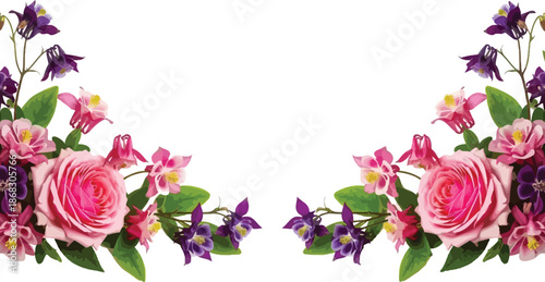 A beautiful symmetrical floral arrangement featuring vibrant pink roses and purple columbine flowers framing a clean white background, perfect for invitations or greeting cards.