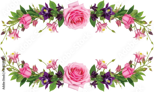 Elegant pink roses and vibrant purple columbine flowers create a beautiful decorative border, perfect for invitations and greeting cards, isolated on a clean white background.