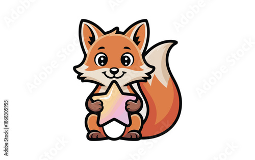 Cute Orange Fox Sitting and Holding a Pastel Pink Star Illustration on White Background