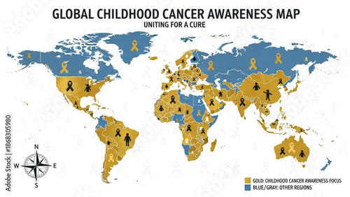 Global Childhood Cancer Awareness Map showing affected regions with gold ribbon symbols uniting for a cure concept
