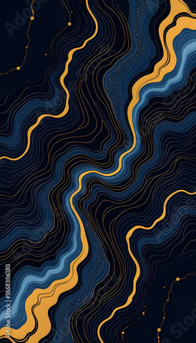 Luxurious abstract swirling waves in deep navy blue with elegant golden veins and accents, creating a hypnotic vortex—ideal for premium branding, sophisticated wallpapers, and high-end creative projec
