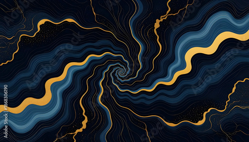 Luxurious abstract swirling waves in deep navy blue with elegant golden veins and accents, creating a hypnotic vortex—ideal for premium branding, sophisticated wallpapers, and high-end creative projec