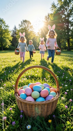 Children enjoy easter egg hunt in sunny park with basket of colorful eggs