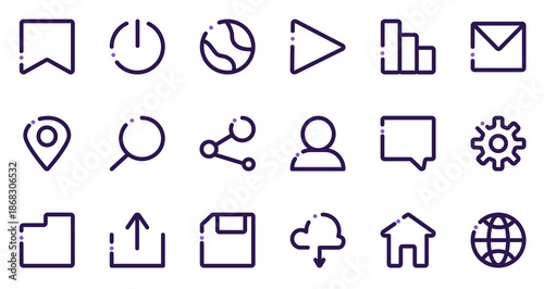 Modern outline UI icon set for web and mobile apps. Minimal line icons for interface design, navigation, buttons, system actions, social media, files, communication and user experience elements